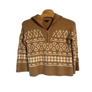 J Crew Women M/L Alpaca Blend Wool Fair Isle Half Zip Sweater Beige White
